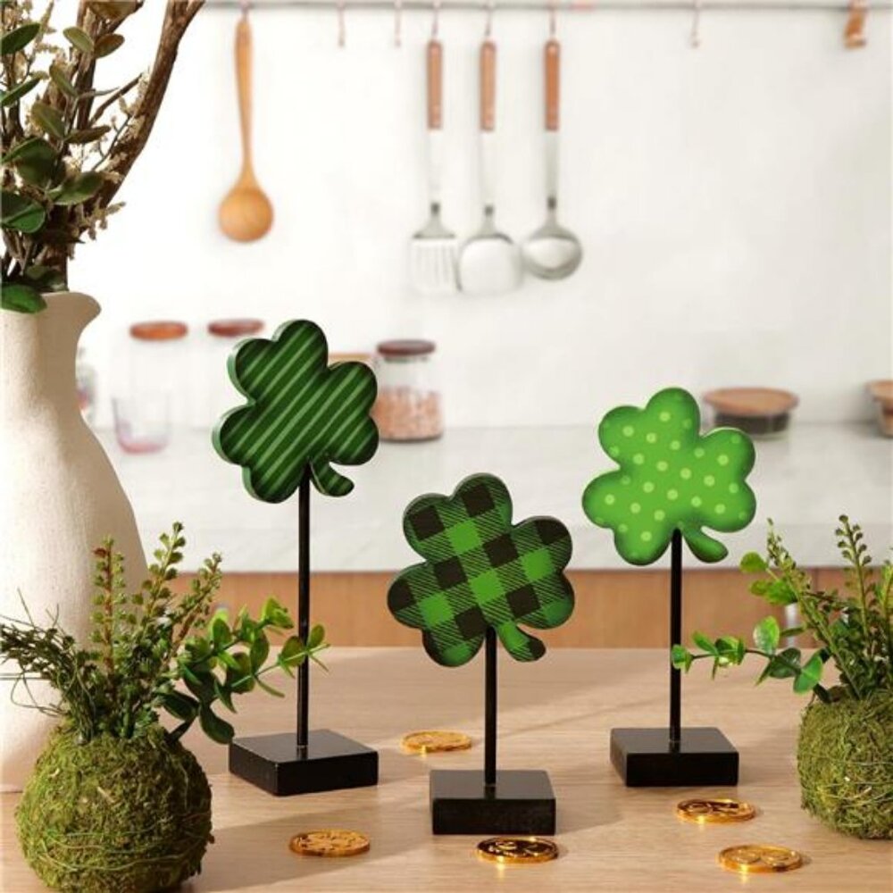 St Patricks Day Decorations 3pcs Lucky Shamrock Wooden Sign on Stand Irish - Picture 3 of 7